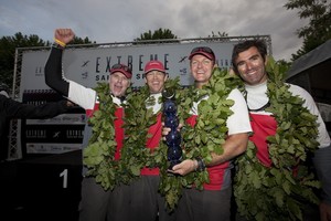 Extreme Sailing Series 2011. Act 3.Turkey . Istanbul Artemis Racing celebrate after winning Act 3 today. Skippered by Terry Hutchinson with teammates Sean Clarkson, Morgan Trubovich and Julian Cressant photo copyright Lloyd Images http://lloydimagesgallery.photoshelter.com/ taken at  and featuring the  class