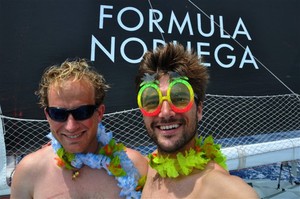 Ryan celebrating his first ever Equator crossing with Boris in beach party attire - Barcelona World Race photo copyright Barcelona World Race http://www.barcelonaworldrace.org taken at  and featuring the  class