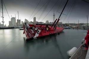Camper undergoes a pulldown test to measure stability/righting moment in Auckland&rsquo;s Viaduct Harbour photo copyright Emirates Team New Zealand http://www.etnzblog.com taken at  and featuring the  class