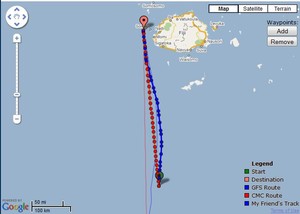 Predictwind is prescribing a direct route for Camper for the final run to the finish of the Auckland-Fiji Race as of 0700hrs on 9 June. The solid blue line at the bottom is the track for TeamVodafoneSailing 100nm astern of Camper. photo copyright PredictWind.com www.predictwind.com taken at  and featuring the  class