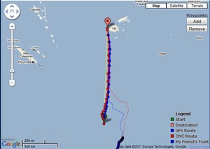 Predictwind’s route options for Camper as of 0800hrs on 7 June 2011 - Auckland Musket Cove, Fiji Race. The faint tracks to the right are the Predictwind recommendation for TVS, telling her to get into the same part of the ocean as Camper, and then head for Fiji. photo copyright PredictWind.com www.predictwind.com taken at  and featuring the  class