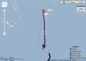 Predictwind’s route options for Camper as of 2100hrs on 7 June 2011 - Auckland Musket Cove, Fiji Race. The recommended routes for TVS are shown as faint lines. photo copyright PredictWind.com www.predictwind.com taken at  and featuring the  class