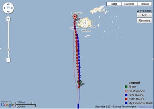Predictwind is prescribing a direct route for Camper for the final run to the finish of the Auckland-Fiji Race as of 2200hrs on 8 June. The solid blue line at the bottom is the track for TeamVodafoneSailing 100nm astern of Camper. photo copyright PredictWind.com www.predictwind.com taken at  and featuring the  class
