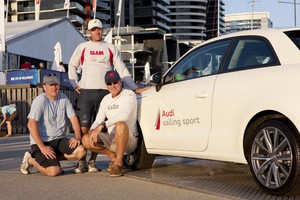 Audi King of the Docklands winning crew, Nathan Outteridge (standing), David Cheyne (left) and Ian Brown with the Audi A1 - Audi Victoria Week photo copyright  Andrea Francolini / Audi http://www.afrancolini.com taken at  and featuring the  class