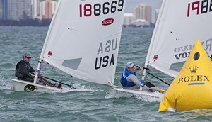 Brad Funk, USA and Paul Goodison, GBR at the windward mark, Laser - Miami OCR photo copyright  Rolex/Daniel Forster http://www.regattanews.com taken at  and featuring the  class