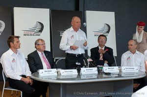 Emirates Team New Zealand press conference to announce their participation in the 33rd America's Cup and the signing of Nespresso as a sponsor. (L to R) Dean Barker, Richard Vaughan DSVP commercial ops Emirates Airline, Grant Dalton CEO of Emirates Team New Zealand, Bob Field Chairman Toyota New Zealand and Kevin Shoebridge COO of ETNZ. 21/4/2011 photo copyright Chris Cameron/ETNZ http://www.chriscameron.co.nz taken at  and featuring the  class