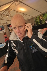 Carter Jackson gets the no-racing news from Kevin Wilson via phone - Christophe Favreau pic - SAP 505 Worlds 2011 Day 4 photo copyright Christophe Favreau http://christophefavreau.photoshelter.com/ taken at  and featuring the  class