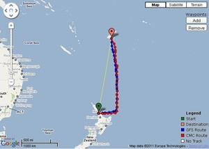 PredictWind’s optimum route for a VOR70  for the Fiji Race starting on Saturday - showing a right hand turn necessary to avoid the worst effect of the headwinds in the direct route to Fiji. photo copyright PredictWind.com www.predictwind.com taken at  and featuring the  class