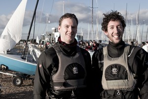 ENGLAND, London, Queen Mary Sailing Club. 8th January 2011. Bloody Mary pursuit race. Roger Gilbert (left) and Ben McGrane winners of the 2011 Bloody Mary. photo copyright Ian Roman http://www.ianroman.com taken at  and featuring the  class
