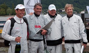 Russell Coutts, Steve Howe, Chris Bake and Cameron Appleton celebrating podium finishes - photo credit Nico Martinez - RC44 Austria Cup photo copyright RC44 Class Association http://www.rc44.com taken at  and featuring the  class