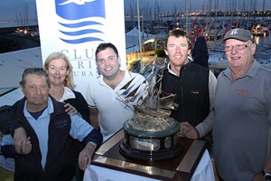 shot of the State Title winners with the historic Lady Nelson Trophy; pictured left to right Lou Abrahams (Challenge), Kate Mitchell (Goldfinger), (Alex Gilbert (Surprise) David Ellis (Penfold Audi) and Peter Blake (Goldfinger) on right. SYC&rsquo;s Club Marine Centenary Regatta and State Keelboat Titles photo copyright  Alex McKinnon Photography http://www.alexmckinnonphotography.com taken at  and featuring the  class