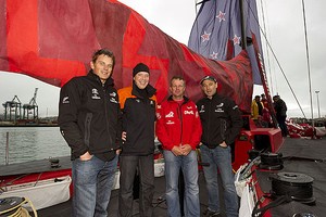 Christchurch Mayor Bob Parker visits the CAMPER with Emirates Team New Zealand VO70 yacht during it's visit to Lyttelton. Pictured here left to right Dean Barker, Bob Parker, Chris Nicholson and Kevin Shoebridge. 7/5/2011 photo copyright Emirates Team New Zealand http://www.etnzblog.com taken at  and featuring the  class