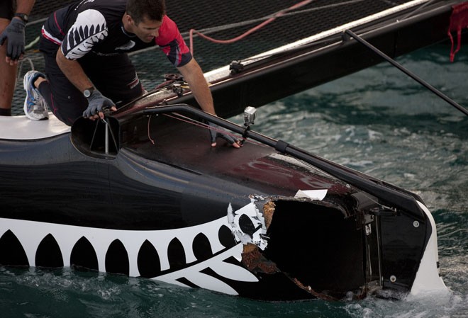 Emirates Team New Zealand received damage to her port transom during race 23<br />
<br />
 - Extreme Sailing Series Act 8 2011 © Lloyd Images http://lloydimagesgallery.photoshelter.com/