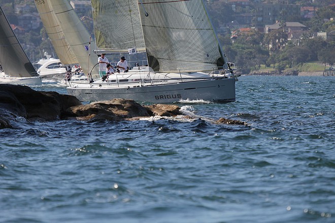 Brigus emerges from the top of Clark Island, the last mark of the course. ©  John Curnow
