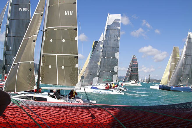 Race Start for the multihulls - from the trampoline on Team VodafoneSailing -Meridien Marinas Airlie Beach 22nd Annual Race Week 2011 © Teri Dodds - copyright http://www.teridodds.com