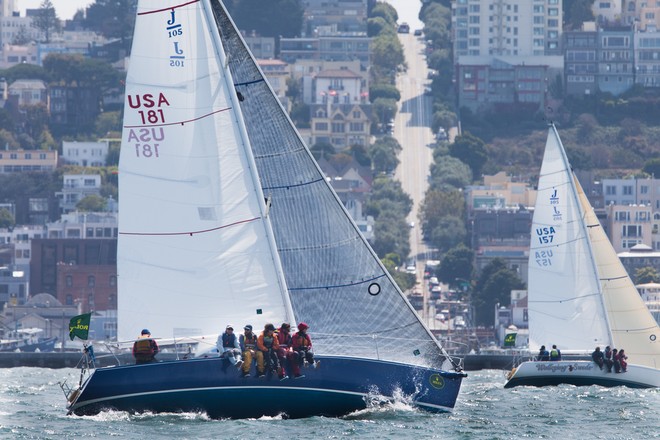 WIANNO- Sail Number: USA 181, Owner: Edward Walker, Home Port: San Francisco, CA, USA, Yacht Type: J 105, Class: J 105<br />
WALLOPING SWEDE- Sail Number: USA 157, Owner: Theresa Brandner-Allen, Home Port: San Francisco, CA, USA, Yacht Type: J 105, Class: J 105<br />
Off Hyde street - Rolex Big Boat Series 2011 - San Francisco ©  Rolex/Daniel Forster http://www.regattanews.com