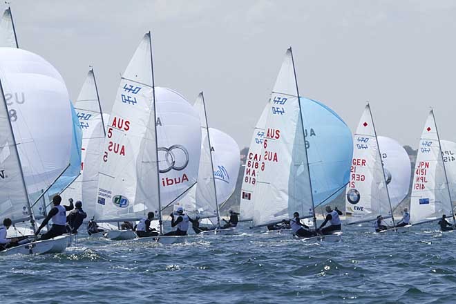 470’s bunch up in their downwind leg - 2011 ISAF Sailing World Cup - Sail Melbourne © Teri Dodds - copyright http://www.teridodds.com
