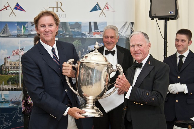 PUMA’s Mar Mostro skipper Ken Readis presented the New York Yacht Club’s top yacht trophy from Robert Towse,Jr., commodore of the New York Yacht Club, during the Transatlantic Race2011 prizegiving ceremony. © Paul Wyeth / www.pwpictures.com http://www.pwpictures.com
