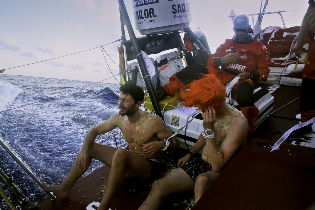 Three day old slop is caked over inductees of the realm of King Neptune onboard Camper in the 2011-12 Volvo Ocean Race photo copyright Hamish Hooper/Camper ETNZ/Volvo Ocean Race taken at  and featuring the  class