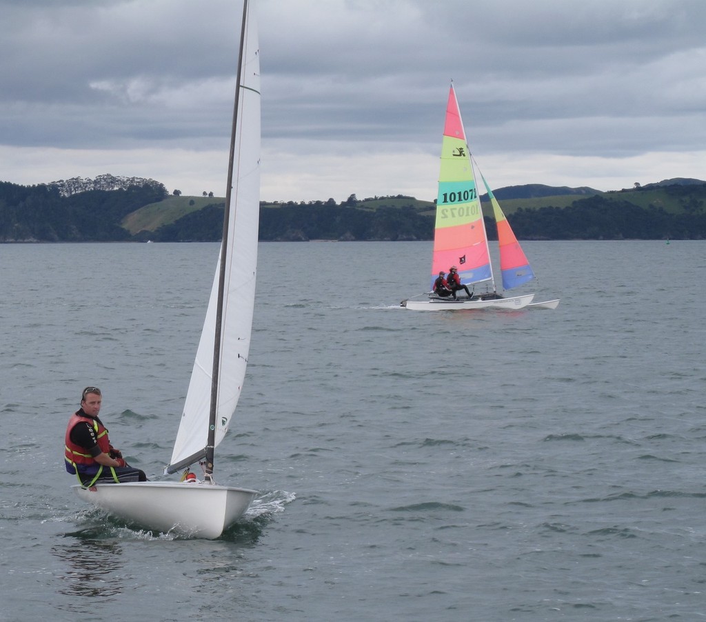 Diversity: Matt Haase in his Europe Dinghy and Fiona Joyce and Stephanie Long in their Hobie 16 catamaran - HARKEN Labour Weekend Regatta photo copyright Rosie Reid taken at  and featuring the  class