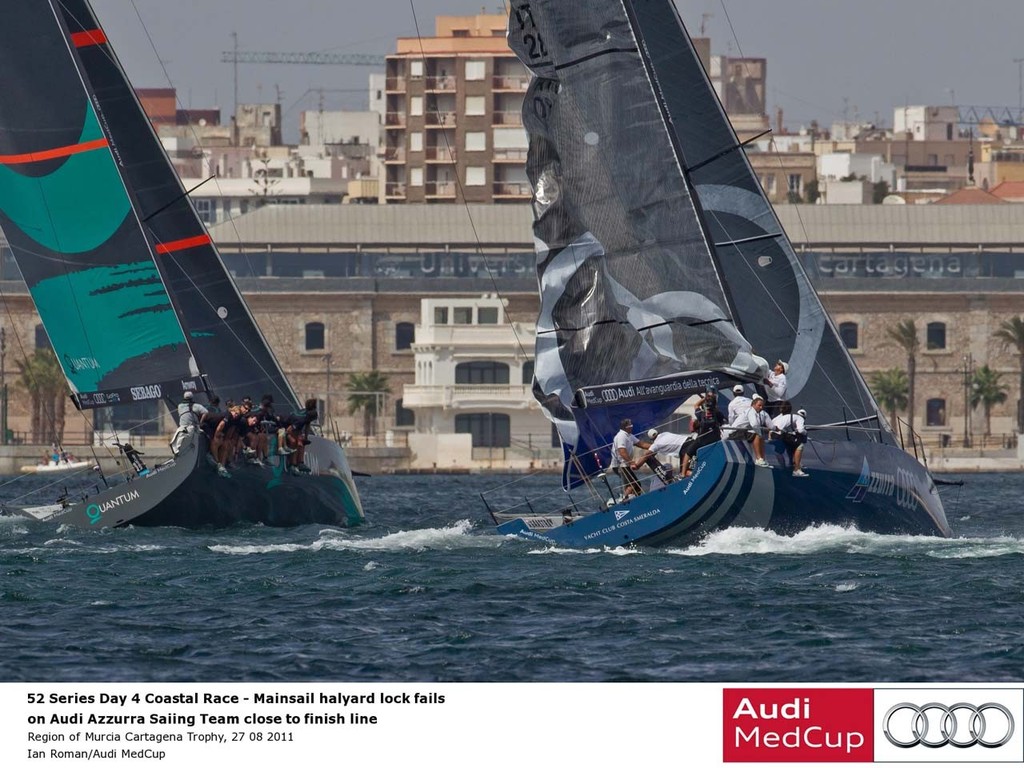 52 Series Day 4 Coastal Race: Mainsail halyard lock fails on Audi Azzurra Sailing Team close to the finish - Region of Murcia Trophy 2011 photo copyright Ian Roman/Audi MedCup http://2008.medcup.org/home/ taken at  and featuring the  class