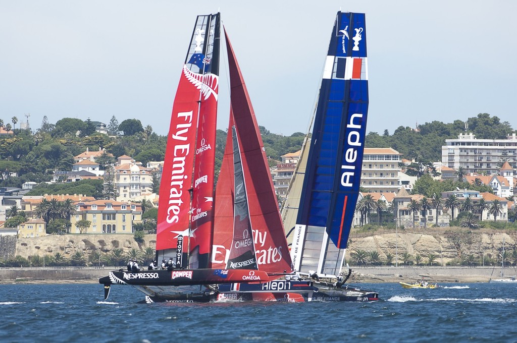 Emirates Team New Zealand and Aleph during the  rehearsal races - Practice Day, Cascais - America’s Cup World Series 2011 © Chris Cameron/ETNZ http://www.chriscameron.co.nz