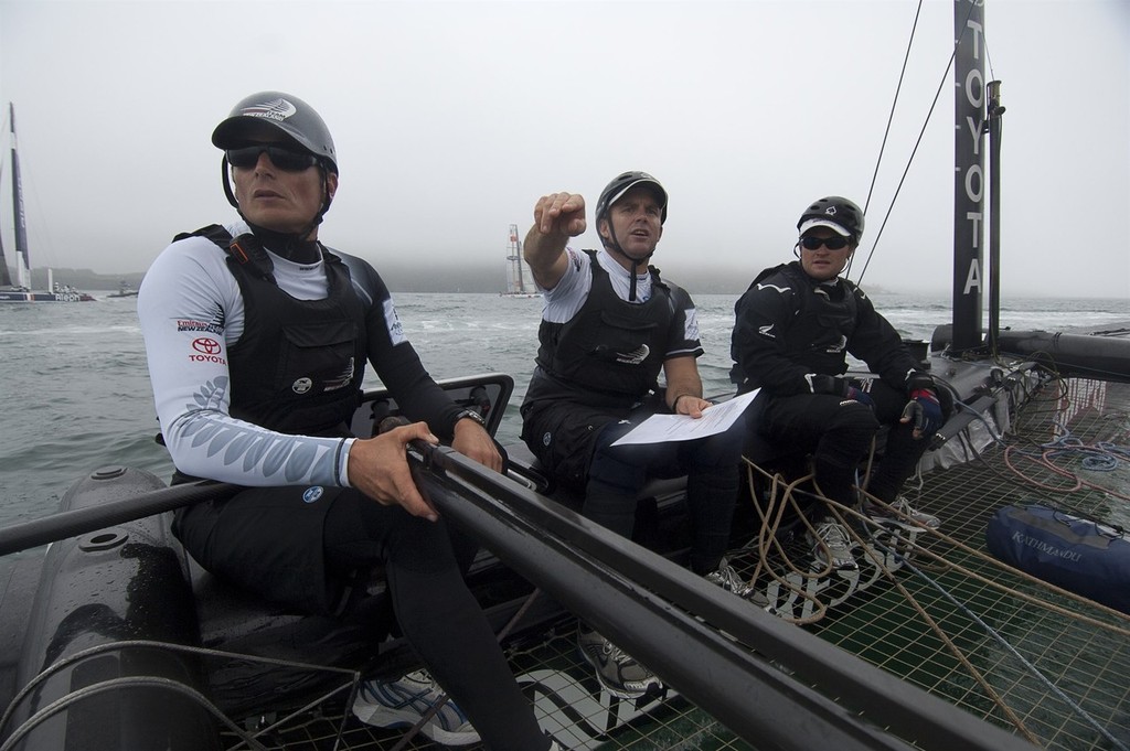 Emirates Team New Zealand sailors, Dean Barker, Ray Davies and Glenn Ashby get familiar with the race course area off Plymouth before the practice session for the America’s Cup World Series Plymouth Regatta. 9/9/2011 © Chris Cameron/ETNZ http://www.chriscameron.co.nz