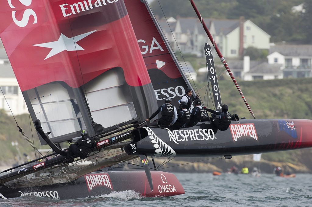 Emirates Team New Zealand ready themselves for race three on day one of the America's Cup World Series Plymouth regatta. 10/9/2011 photo copyright Chris Cameron/ETNZ http://www.chriscameron.co.nz taken at  and featuring the  class