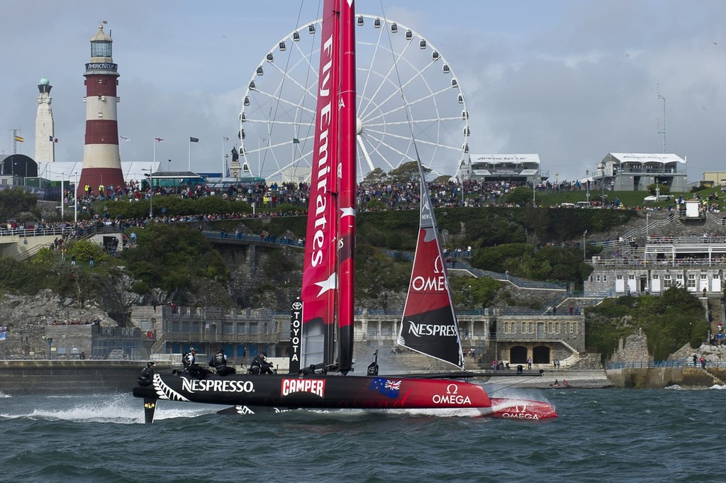 Emirates Team New Zealand in the speed runs in front of the Hoe at Plymouth. America's Cup World Series preliminaries day two. 11/9/2011 photo copyright Chris Cameron/ETNZ http://www.chriscameron.co.nz taken at  and featuring the  class