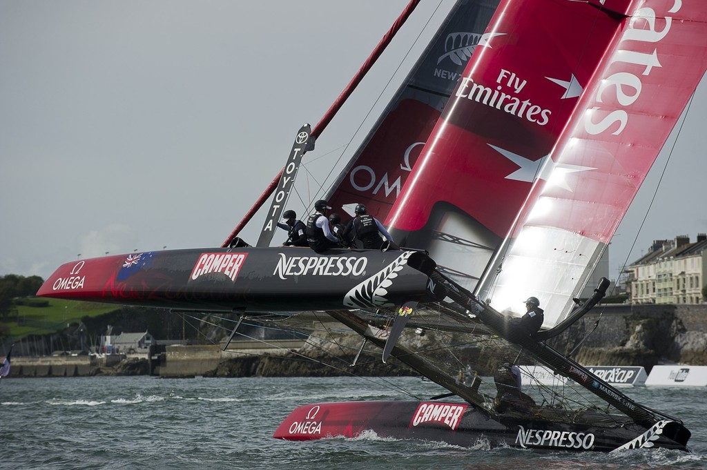 Emirates Team New Zealand before racing on day four of the America’s Cup World Series in Plymouth, England.   © Chris Cameron/ETNZ http://www.chriscameron.co.nz