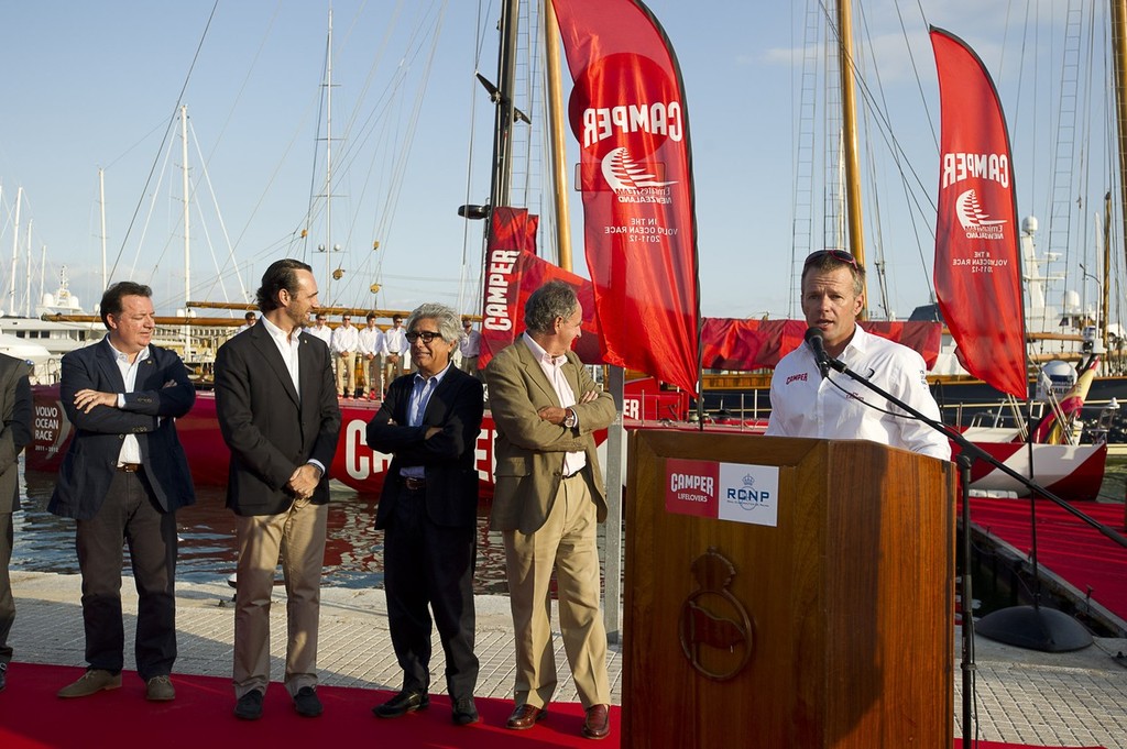 Chris Nicholson adresses the assembled dignitaries, guests and CAMPER with Emirates Team New Zealand team at the official christening in Mallorca. 22/9/2011 © Volvo Ocean Race http://www.volvooceanrace.com