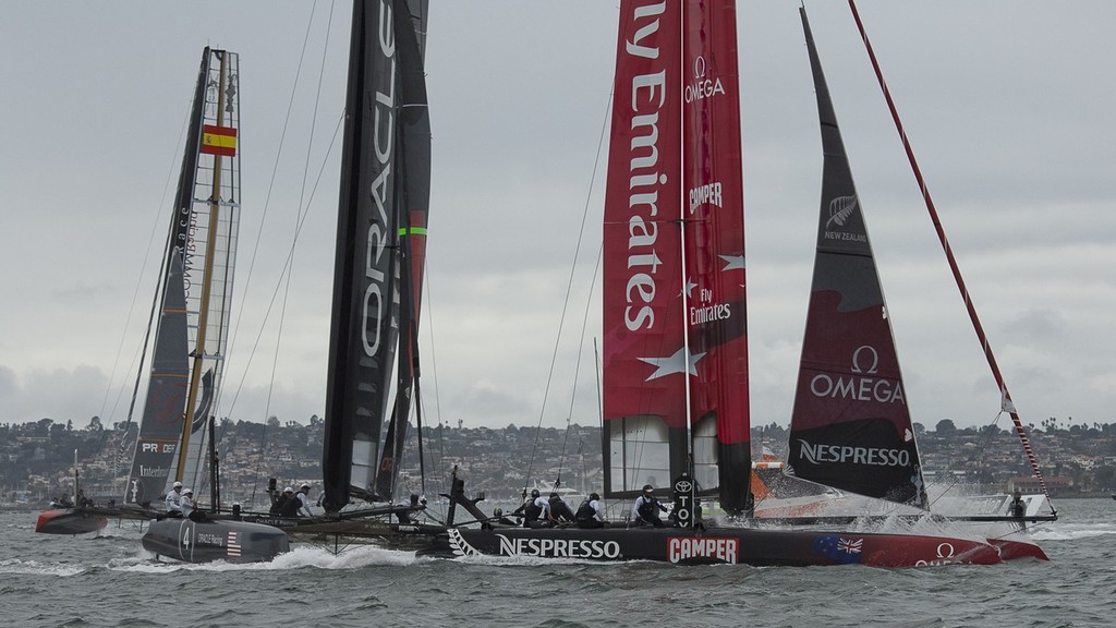 Emirates Team New Zealand rounds the first mark of the final flleet race on Day five of the America's Cup World Series in San Diego. 20/11/2011 photo copyright Chris Cameron/ETNZ http://www.chriscameron.co.nz taken at  and featuring the  class