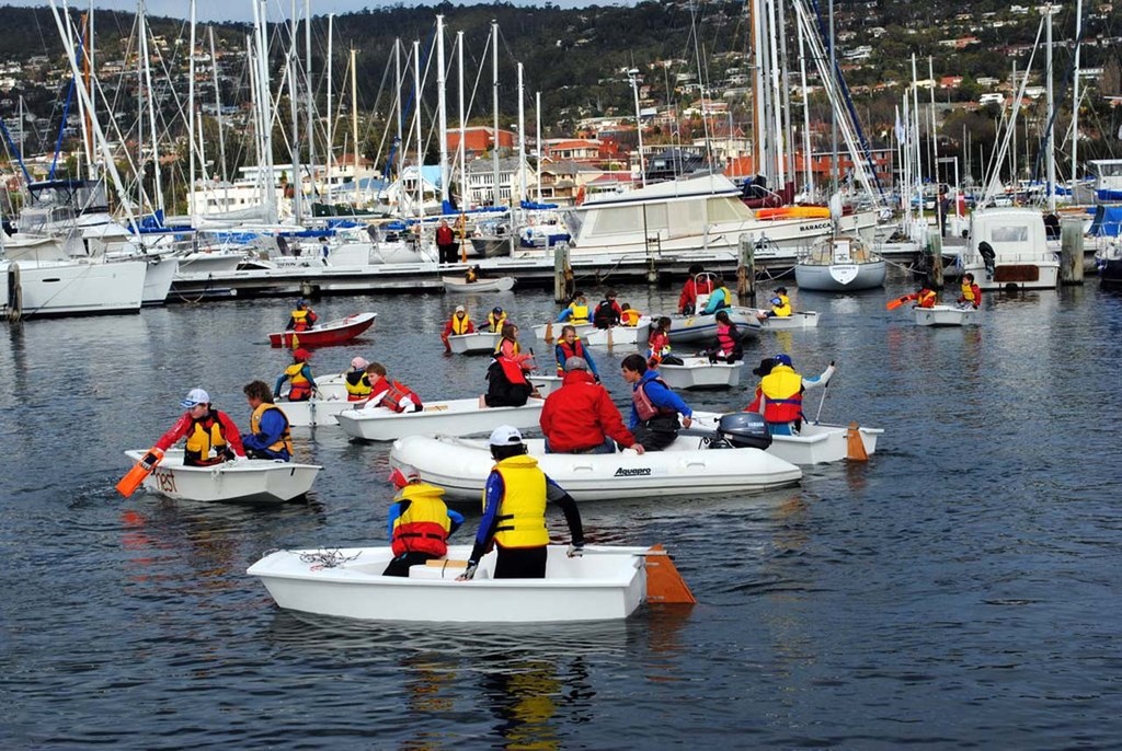 Beginners learning to steer and paddle Optis on the ‘pond’ at the Royal Yacht Club of Tasmania. photo copyright  Andrea Francolini Photography http://www.afrancolini.com/ taken at  and featuring the  class
