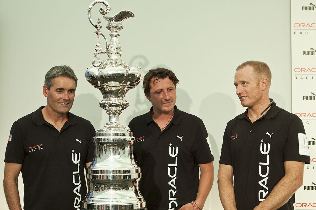04/08/2011 - Cascais (POR) - Americas's Cup World Series - ORACLE Racing - Puma Annoucement - Russell Coutts - Antonio Bertone (PUMA) - James Spithill - 34th America’s Cup photo copyright Guilain Grenier Oracle Team USA http://www.oracleteamusamedia.com/ taken at  and featuring the  class