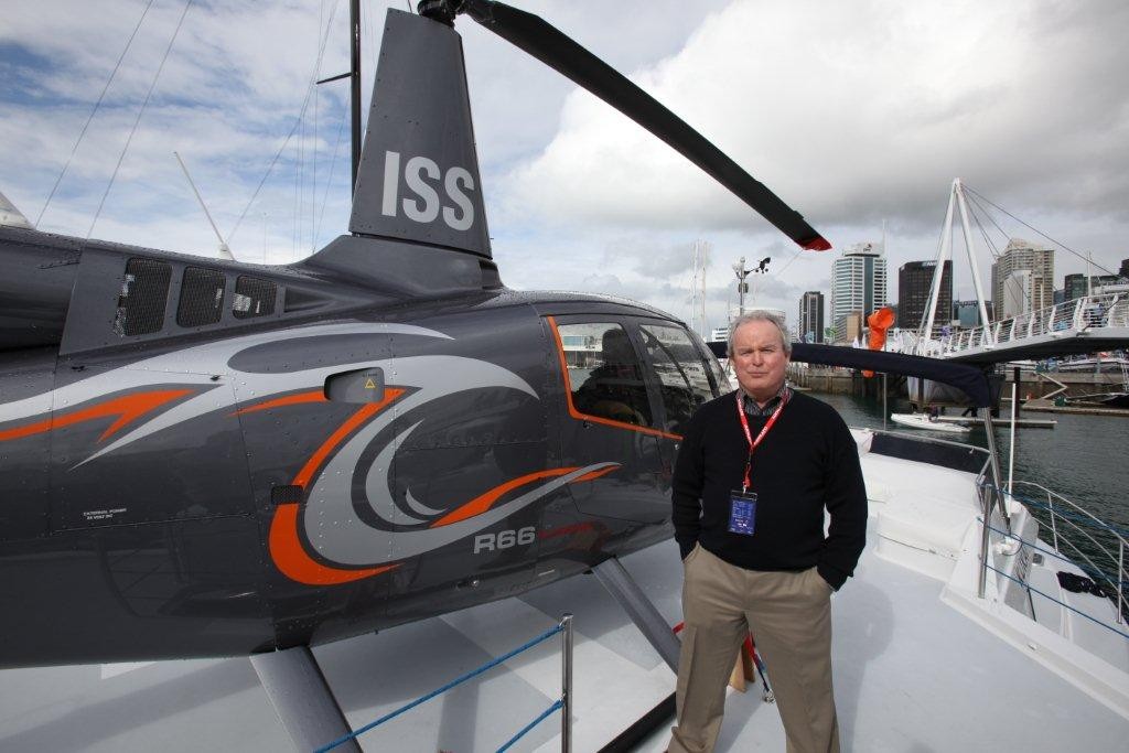 Roger Hill of Roger Hill Yacht Design on the heli-deck of Kukai, the 14-metre powercat he exhibited at the show. © SW