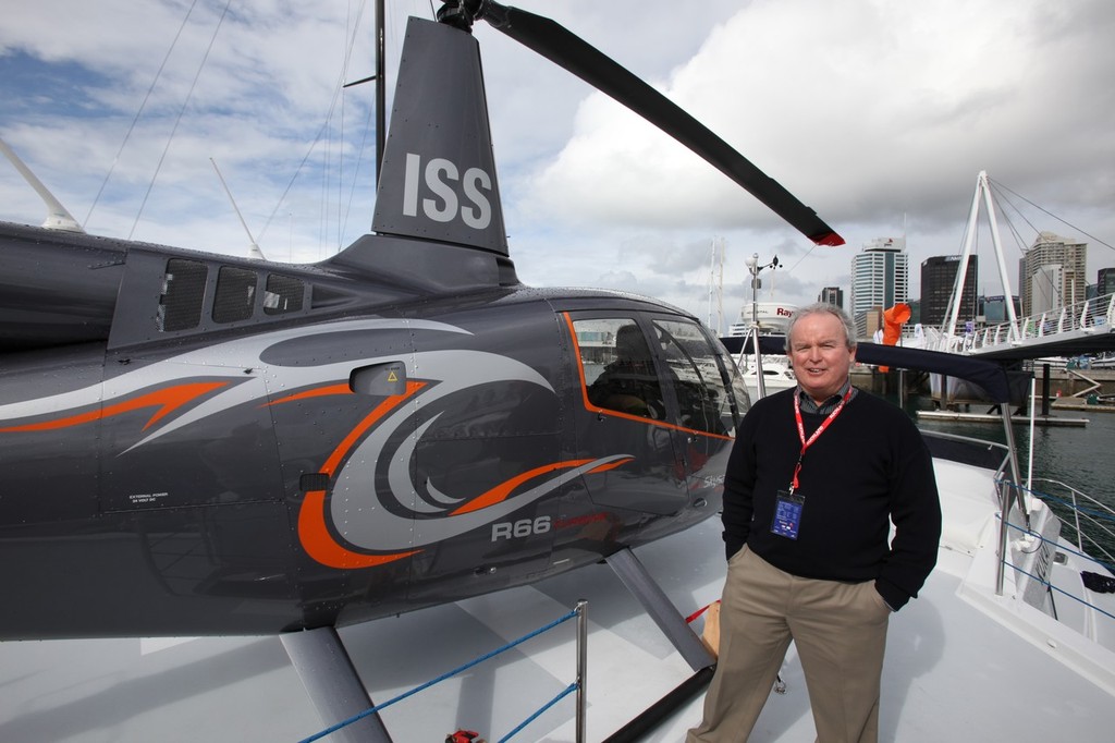Designer Roger Hill on the heli-deck of Kukai, the 14m powercat he designed and is exhibiting at the Auckland International Boat Show. © SW
