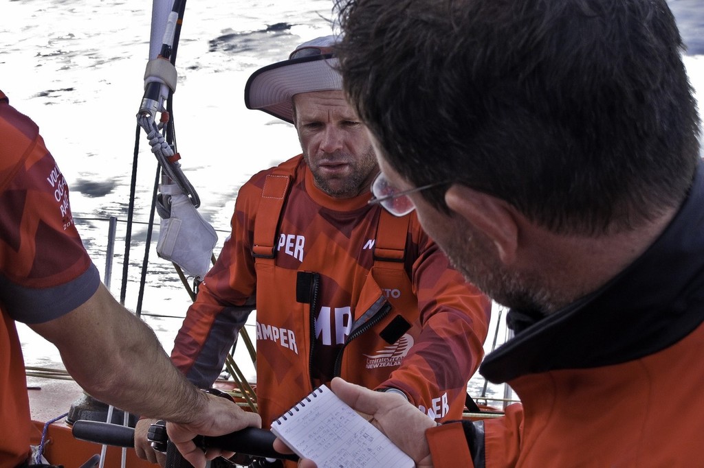 Navigator Will Oxley reads out the latest position report as Skipper Chris Nicholson listens closely onboard CAMPER with Emirates Team New Zealand during leg 1 of the Volvo Ocean Race 2011-12, from Alicante, Spain to Cape Town, South Africa. (Credit: Hamish Hooper/CAMPER ETNZ/Volvo Ocean Race) photo copyright Hamish Hooper/Camper ETNZ/Volvo Ocean Race taken at  and featuring the  class
