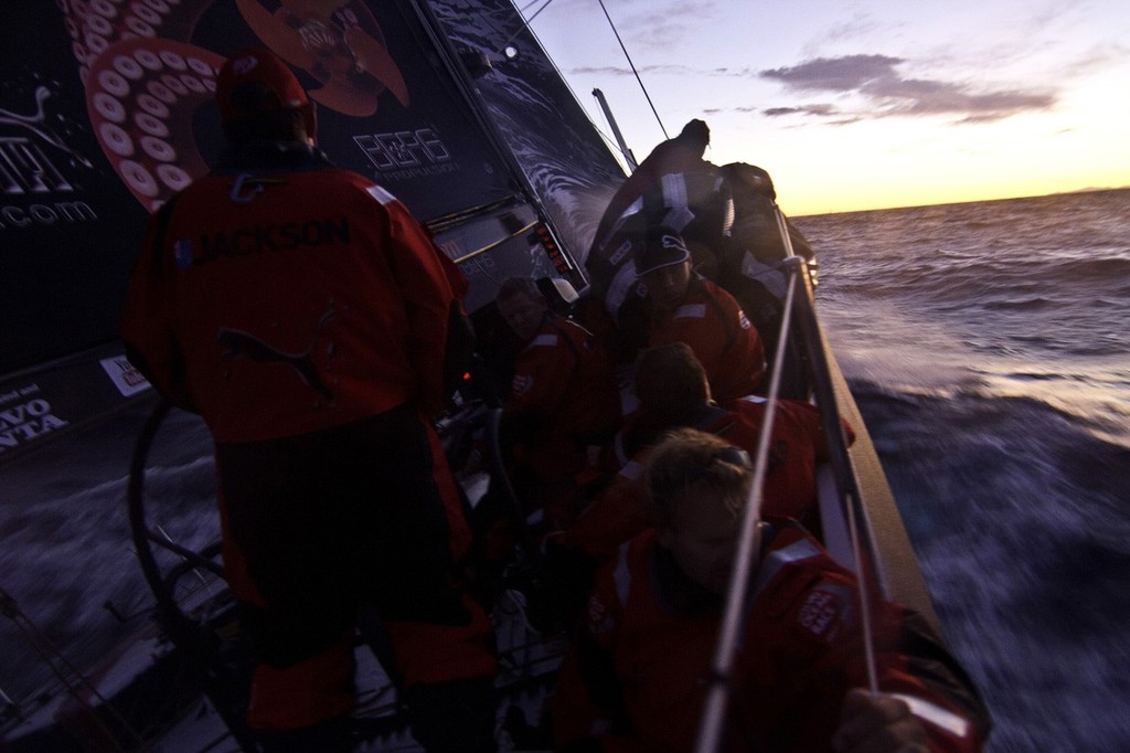 The sun sets on the first day of the 2011-2012 Volvo Ocean Race onboard PUMA Ocean Racing powered by BERG's ``Mar Mostro`` during leg from Alicante, Spain to Cape Town, South Africa. photo copyright Amory Ross/Puma Ocean Racing/Volvo Ocean Race http://www.puma.com/sailing taken at  and featuring the  class