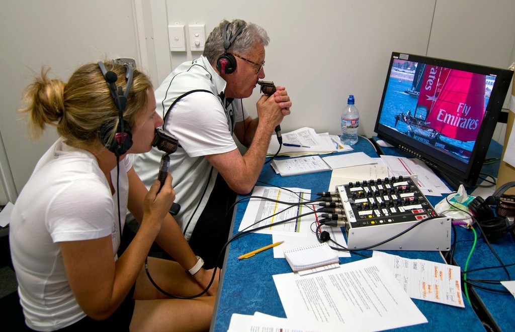 Commentators try to stay with the action - Cascais 2011 -  TV Compound photo copyright Ricardo Pinto http://www.americascup.com taken at  and featuring the  class