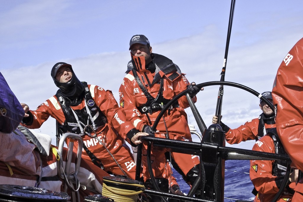 Skipper Chris Nicholson and trimmer Rob Salthouse in control of CAMPER with Emirates Team New Zealand during leg 1 of the Volvo Ocean Race 2011-12 photo copyright Hamish Hooper/Camper ETNZ/Volvo Ocean Race taken at  and featuring the  class