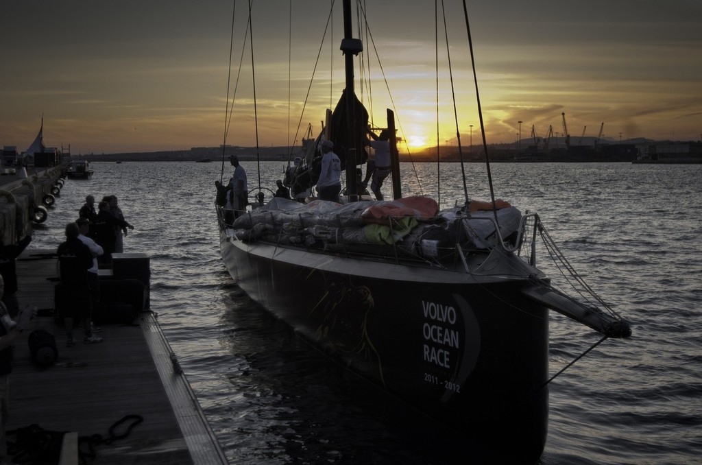 Abu Dhabi Ocean Racing skippered by Ian Walker from the UK, leaves Alicante to rejoin leg 1 of the Volvo Ocean Race 2011-12, after dismasting in rough weather and replacing their mast. (Credit: TIM STONTON/Volvo Ocean Race) photo copyright Tim Stonton/Volvo Ocean Race taken at  and featuring the  class