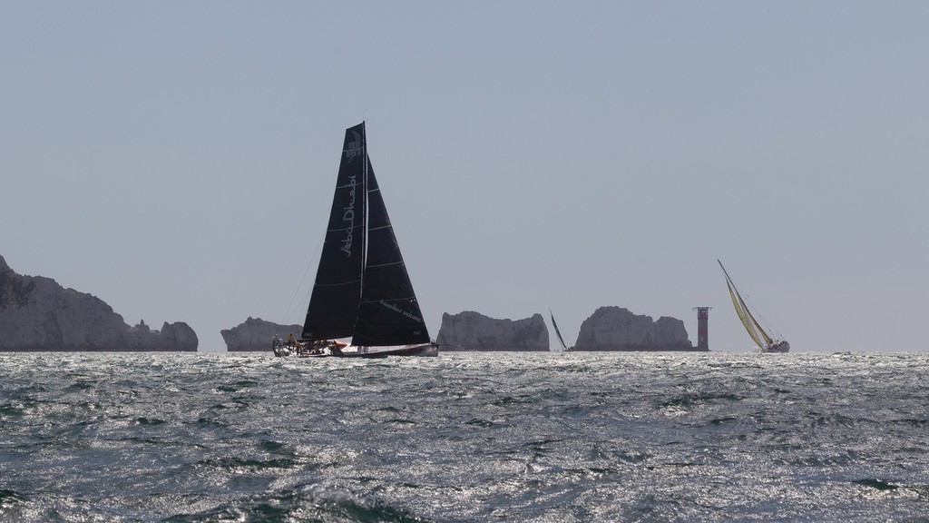 UK, Solent. 14th August 2011. Abu Dhabi Ocean Racing skippered by Ian Walker from the UK approaching The Needles at the start of the Rolex Fastnet Race. -  - Volvo Ocean Race - Rolex Fastent Race photo copyright Volvo Ocean Race http://www.volvooceanrace.com taken at  and featuring the  class