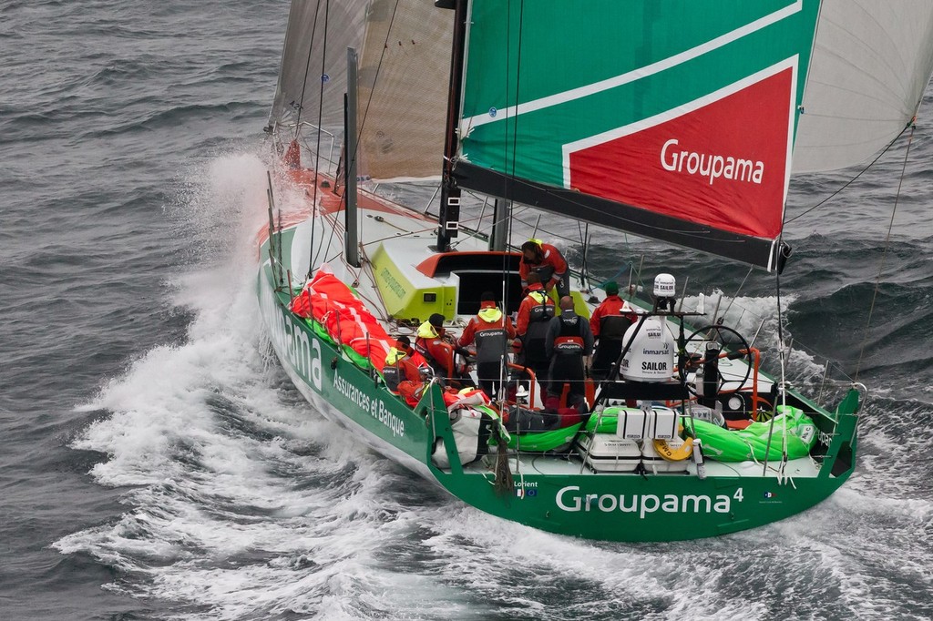 Groupama Sailing Team skippered by Franck Cammas from France, at the finish of the Rolex Fastnet Race. photo copyright Ian Roman/Volvo Ocean Race http://www.volvooceanrace.com taken at  and featuring the  class