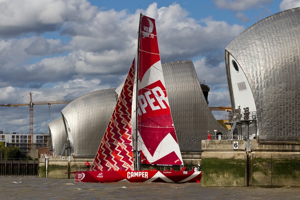 England, London. 5th September 2011. CAMPER with Emirates Team New Zealand sail up the River Thames, past the Thames Barrier. photo copyright Ian Roman/Volvo Ocean Race http://www.volvooceanrace.com taken at  and featuring the  class