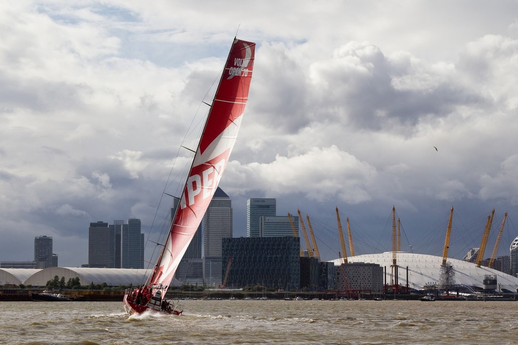 England, London. 5th September 2011. CAMPER with Emirates Team New Zealand sail up the River Thames, past the O2 Arena. photo copyright Ian Roman/Volvo Ocean Race http://www.volvooceanrace.com taken at  and featuring the  class