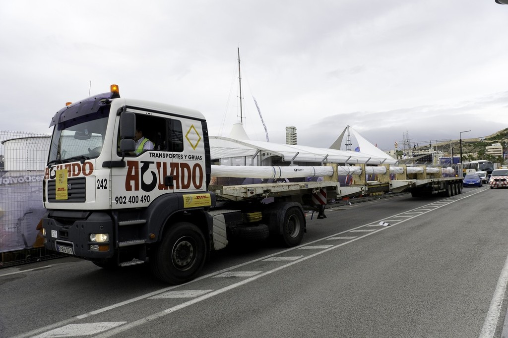 Abu Dhabi Ocean Racing's spare mast arrives in Alicante. (Photo Credit Must Read: PAUL TODD/Volvo Ocean Race) photo copyright Paul Todd/Volvo Ocean Race http://www.volvooceanrace.com taken at  and featuring the  class