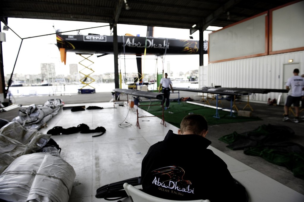 Abu Dhabi Ocean Racing prepare their new mast and rigging in Alicante. (Photo Credit Must Read: PAUL TODD/Volvo Ocean Race) photo copyright Paul Todd/Volvo Ocean Race http://www.volvooceanrace.com taken at  and featuring the  class