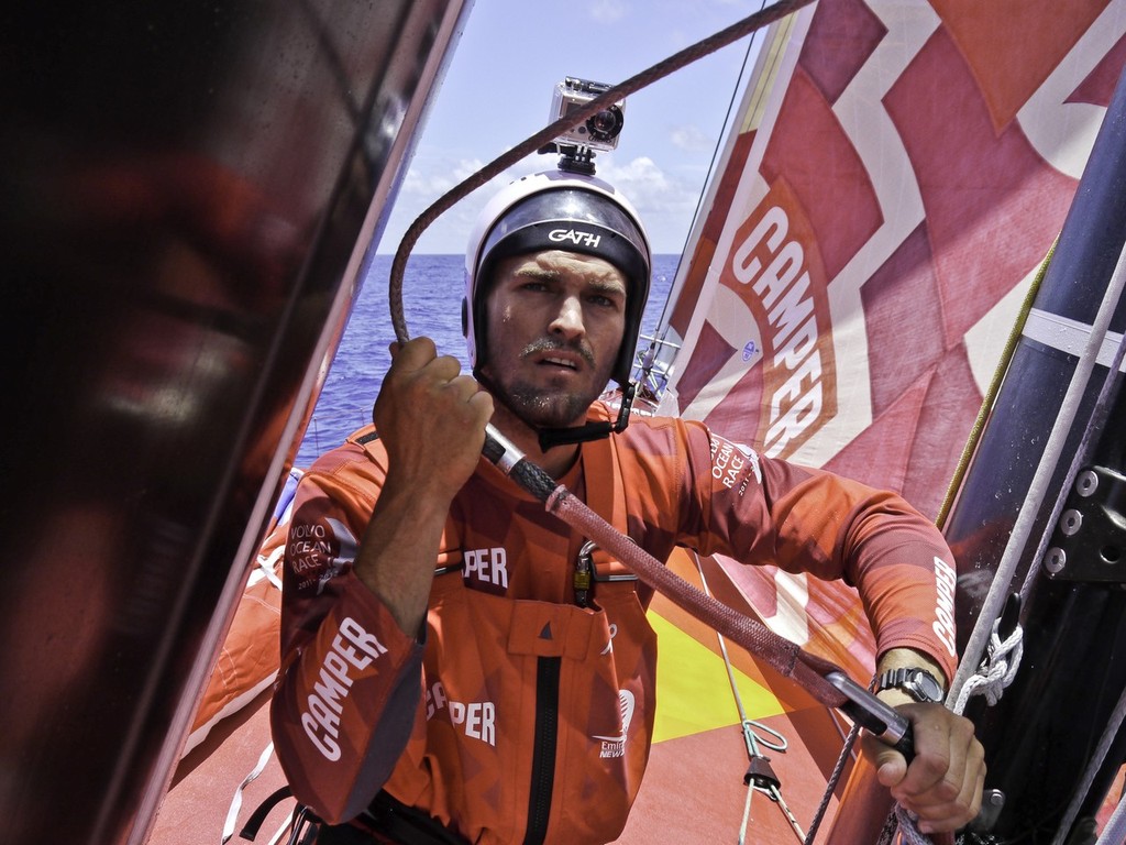 Mike Pammenter getting set to go up for a rig check CAMPER with Emirates Team New Zealand during leg 1 of the Volvo Ocean Race 2011-12, from Alicante, Spain to Cape Town, South Africa. (Credit: Hamish Hooper/CAMPER ETNZ/Volvo Ocean Race) photo copyright Hamish Hooper/Camper ETNZ/Volvo Ocean Race taken at  and featuring the  class