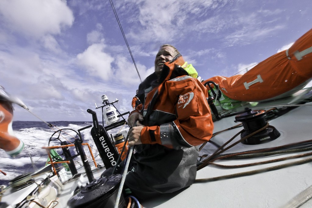 Martin Krite from Sweden trimming onboard Groupama Sailing Team during leg 1 of the Volvo Ocean Race 2011-12, from Alicante, Spain to Cape Town, South Africa. (Credit: Yann Riou/Groupama Sailing Team/Volvo Ocean Race) photo copyright Yann Riou/Groupama Sailing Team /Volvo Ocean Race http://www.cammas-groupama.com/ taken at  and featuring the  class