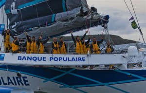 Banque Populaire after smashing the race record, 2011 Rolex Fastnet Race photo copyright  Rolex / Carlo Borlenghi http://www.carloborlenghi.net taken at  and featuring the  class